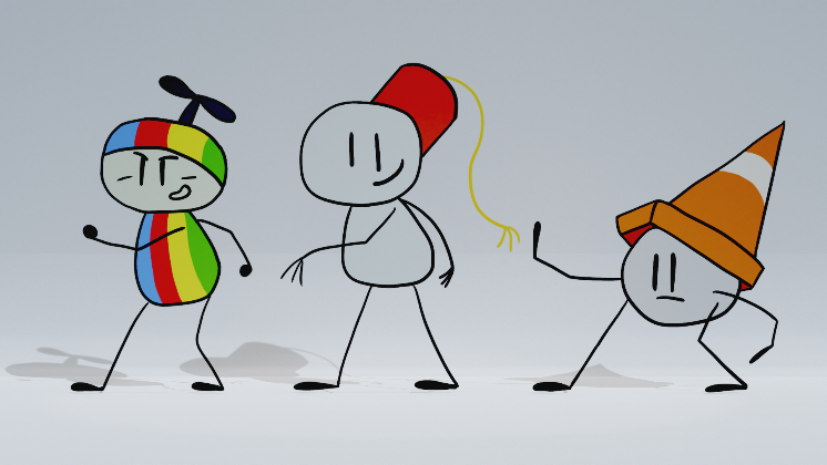 Fezhead, Conehead, and Kid doing the I Can't Dance dance.