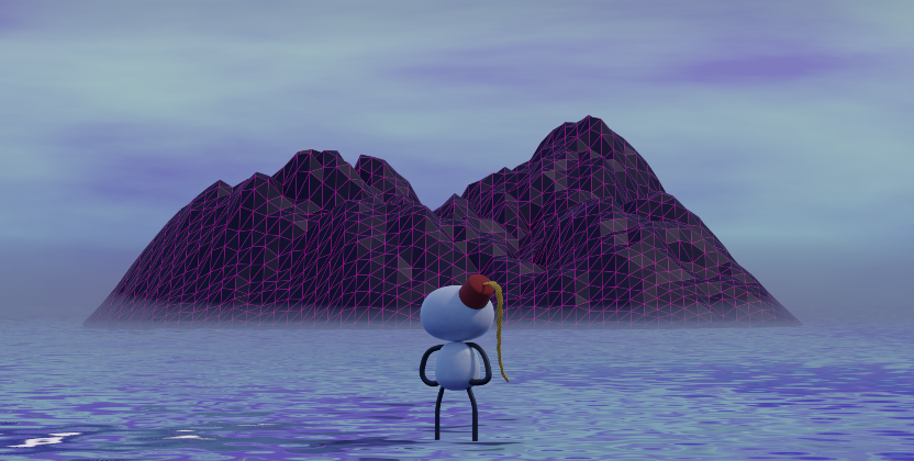 Fezhead staring at a far off polygonal mountain.