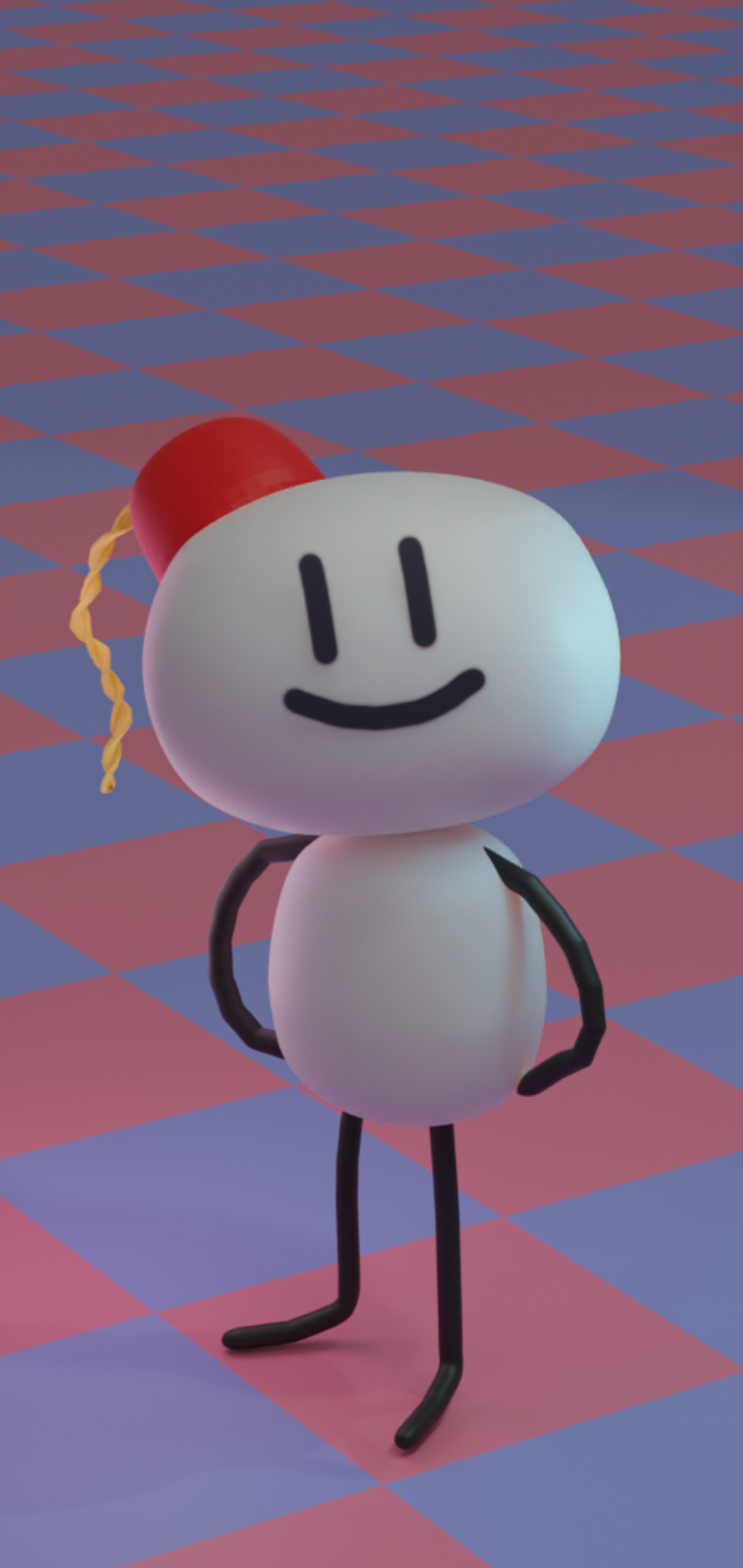 Fezhead standing on a checkerboard.