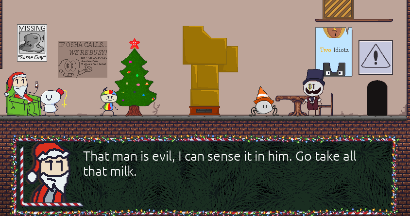 Santa Claus warns Fezhead that Toppy is evil.